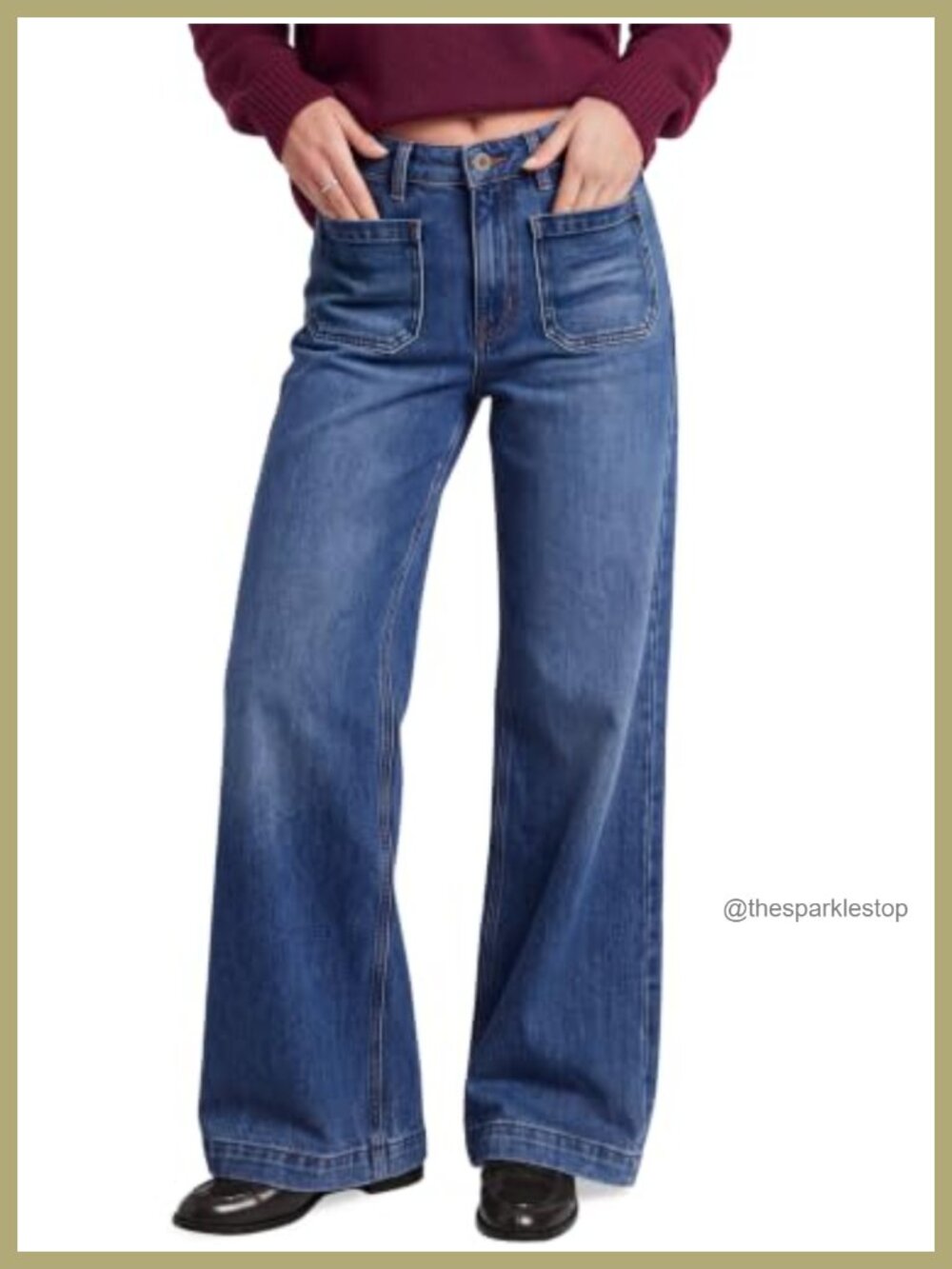 High Waisted Wide Leg Jeans Patch Pocket Stretch Denim Pants